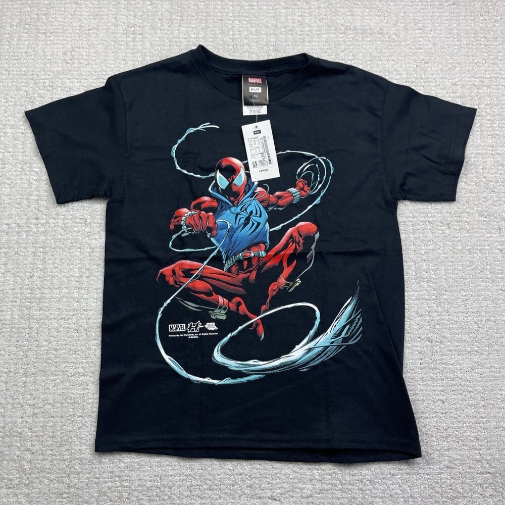 HUF x Marvel Scarlet Spider Adult Large Black SS T-Shirt Spider-Verse NEW Boy M